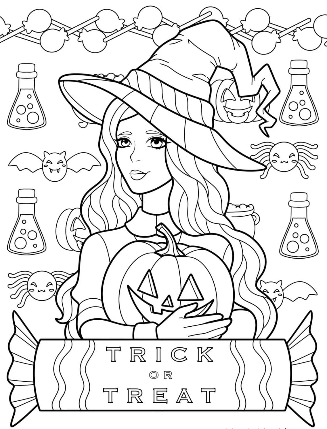 ζωγραφική Μάγισσα αγκαλιάζει ένα φανάρι Jack O'Lantern