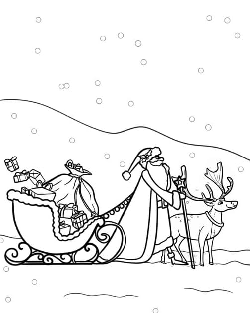 ζωγραφική Άγιος Βασίλης και τάρανδοι τραβούν το έλκηθρο