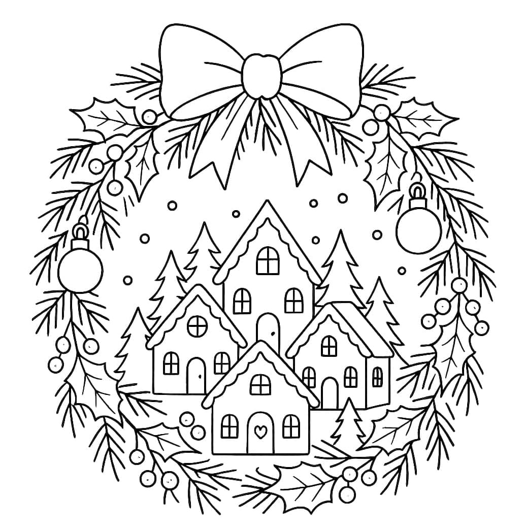 ζωγραφική Χιονισμένα σπίτια και χριστουγεννιάτικο στεφάνι