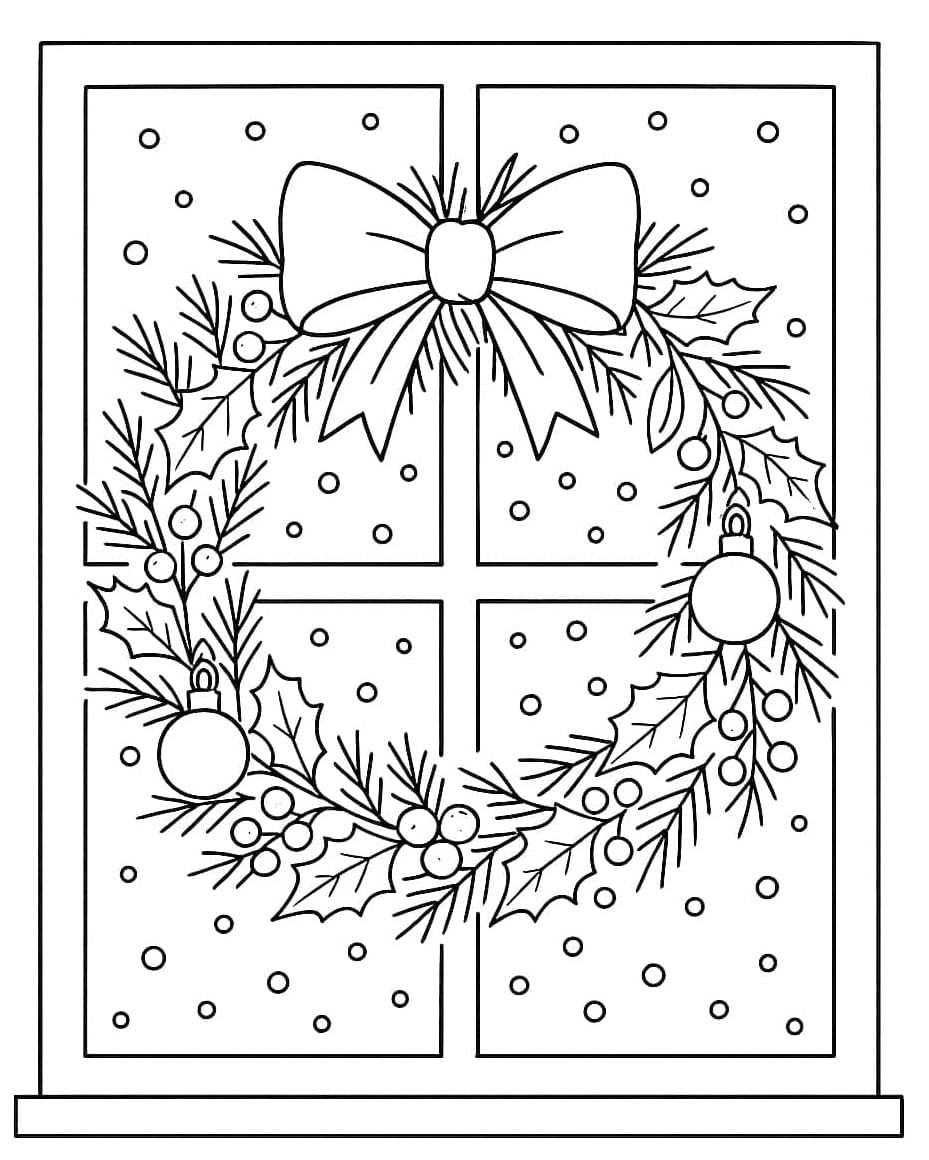 ζωγραφική Χριστουγεννιάτικο στεφάνι κρεμασμένο στο παράθυρο