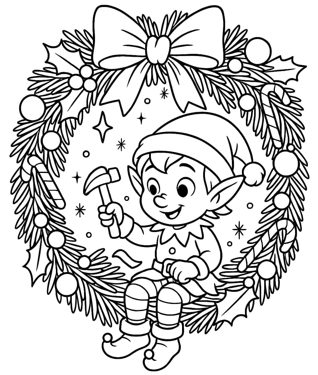 ζωγραφική Χριστουγεννιάτικο ξωτικό που κάθεται σε χριστουγεννιάτικο στεφάνι