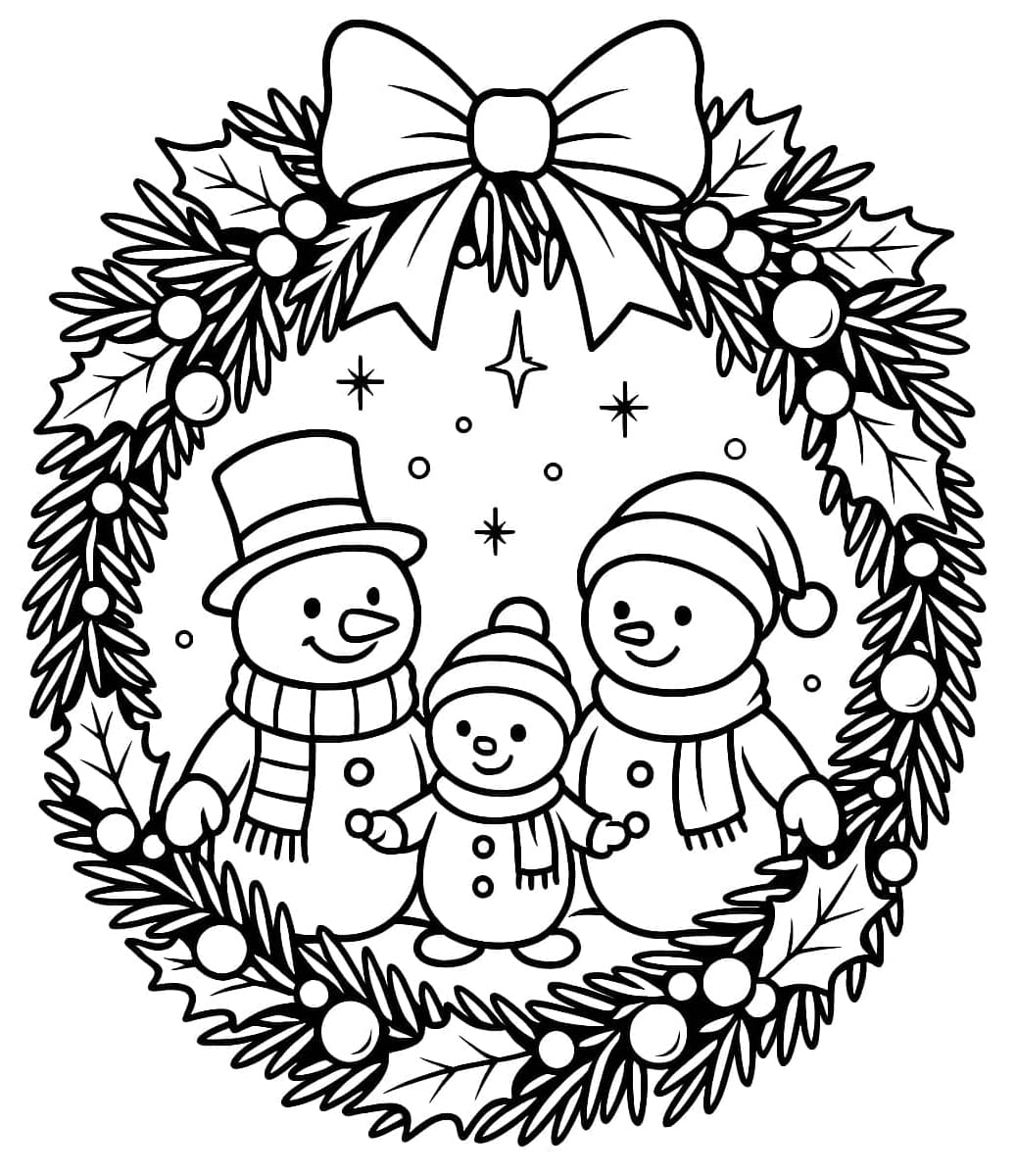 ζωγραφική Οικογένεια τριών χιονανθρώπων σε ένα χριστουγεννιάτικο στεφάνι