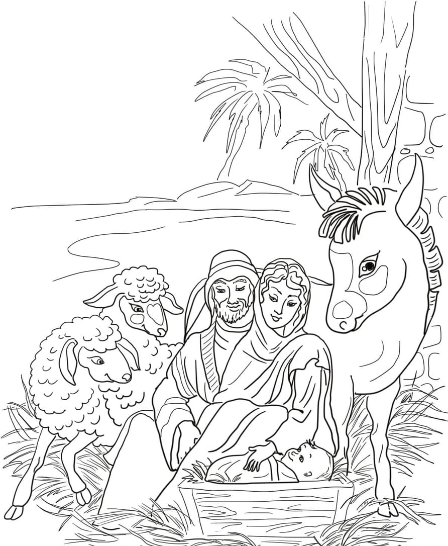 ζωγραφική Σκηνή της Γέννησης με την Αγία Οικογένεια και τα ζώα