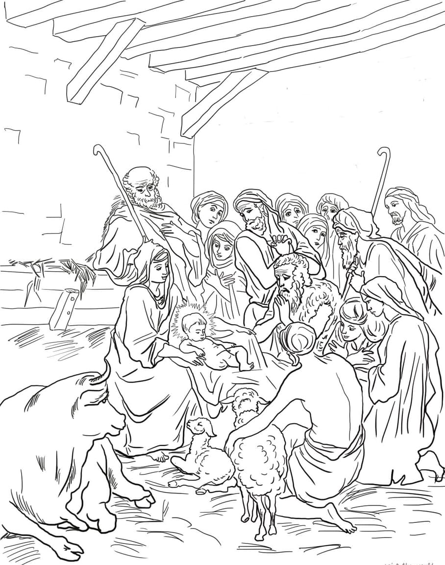 ζωγραφική Σκηνή της Γέννησης με την Αγία Οικογένεια, τις φάτνες και τα ζώα