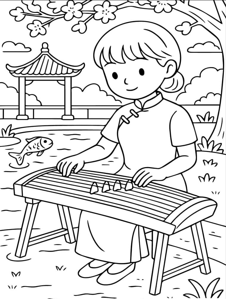 ζωγραφική Γυναίκα που παίζει παραδοσιακό κινέζικο Γκουζένγκ