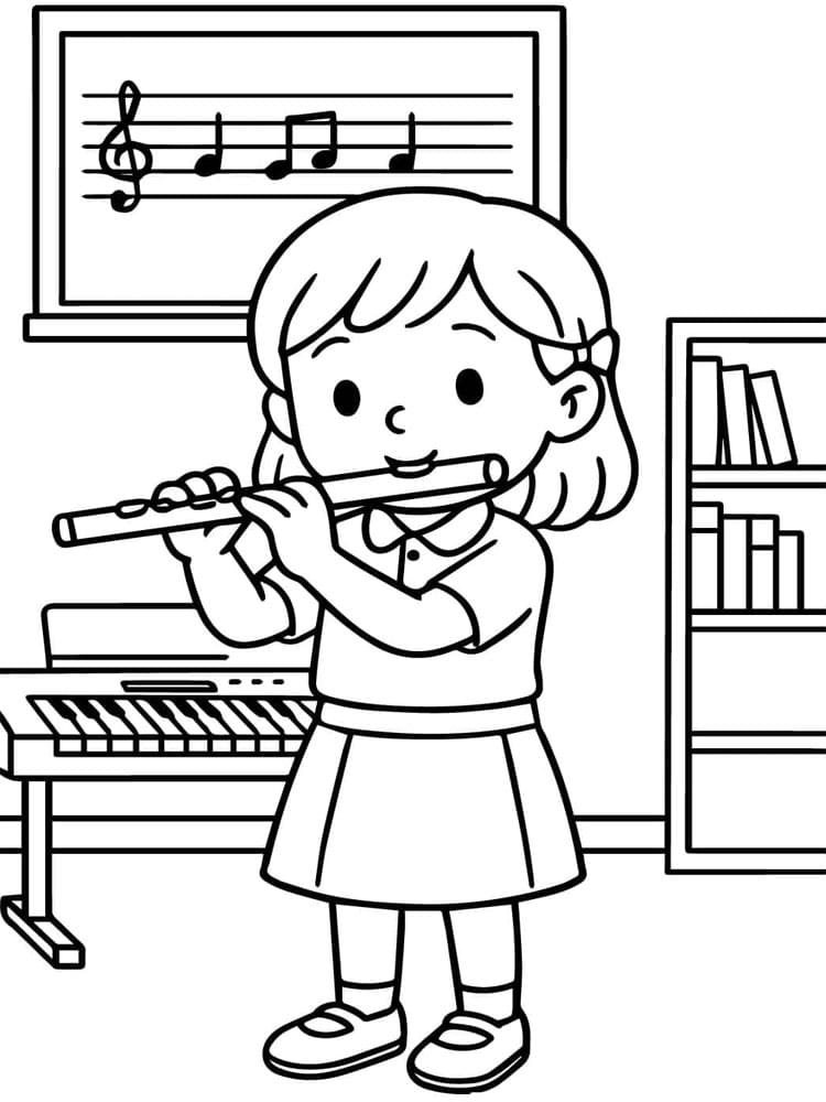 ζωγραφική Νεαρός μαθητής που παίζει φλάουτο σε μια τάξη μουσικής