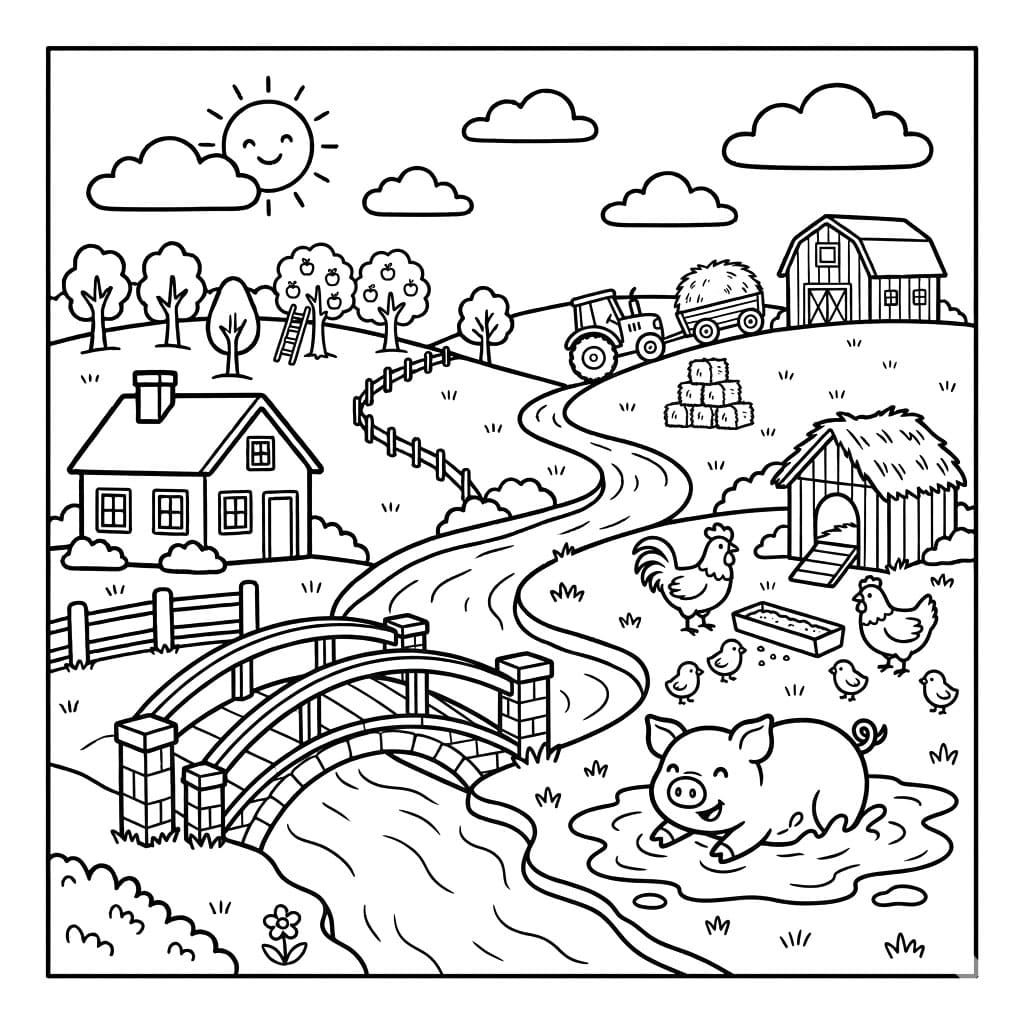 ζωγραφική Ποτάμι Στο Αγρόκτημα