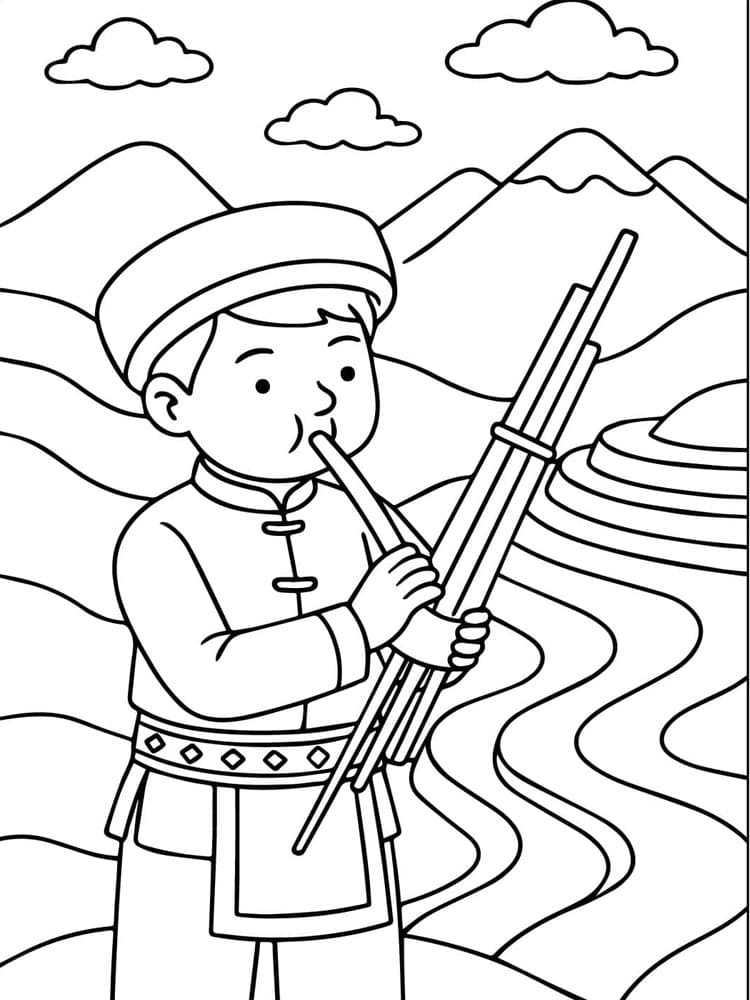 ζωγραφική Το αγόρι παίζει ένα παραδοσιακό μουσικό όργανο