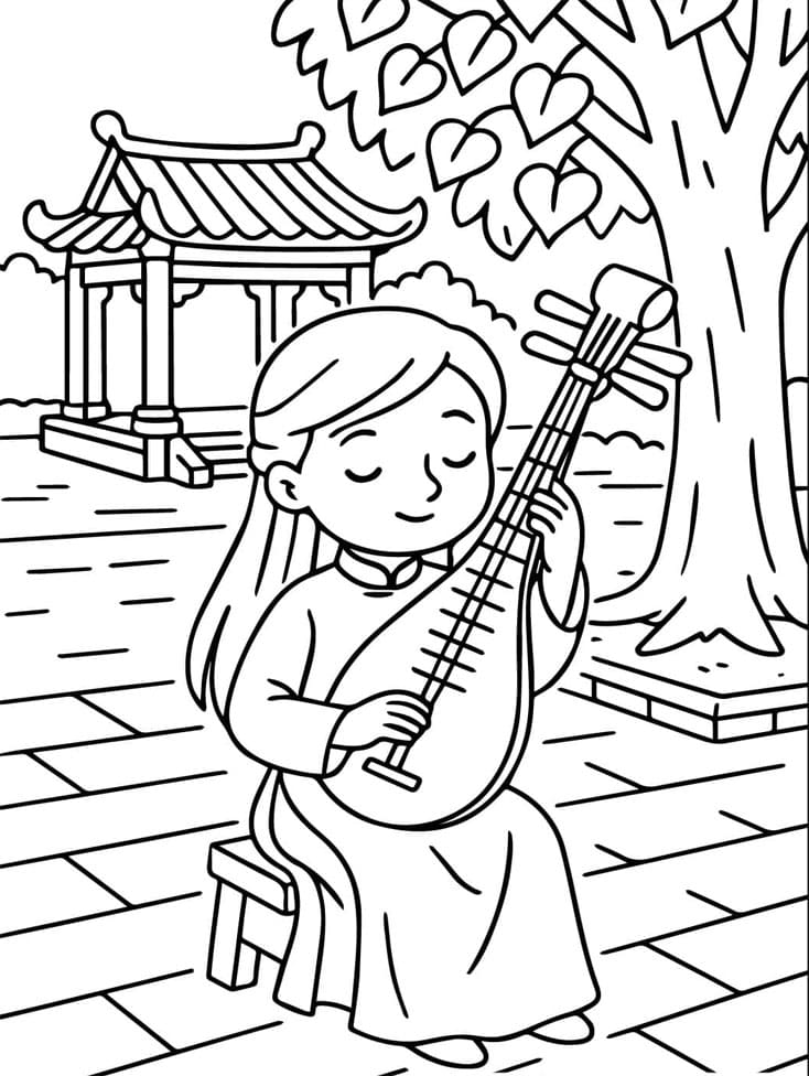 ζωγραφική Βιετναμέζικο κορίτσι που παίζει παραδοσιακό λαούτο