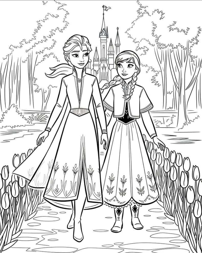 ζωγραφική Έλσα και Άννα με τουλίπες