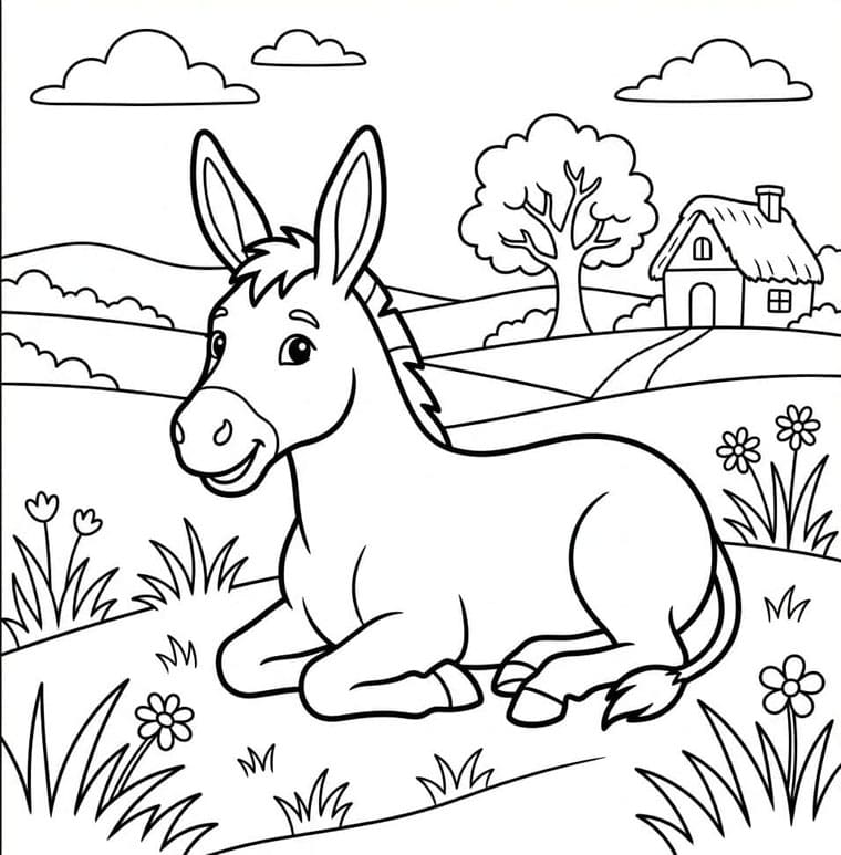 ζωγραφική Γάιδαρος ξαπλωμένος σε ένα χωράφι