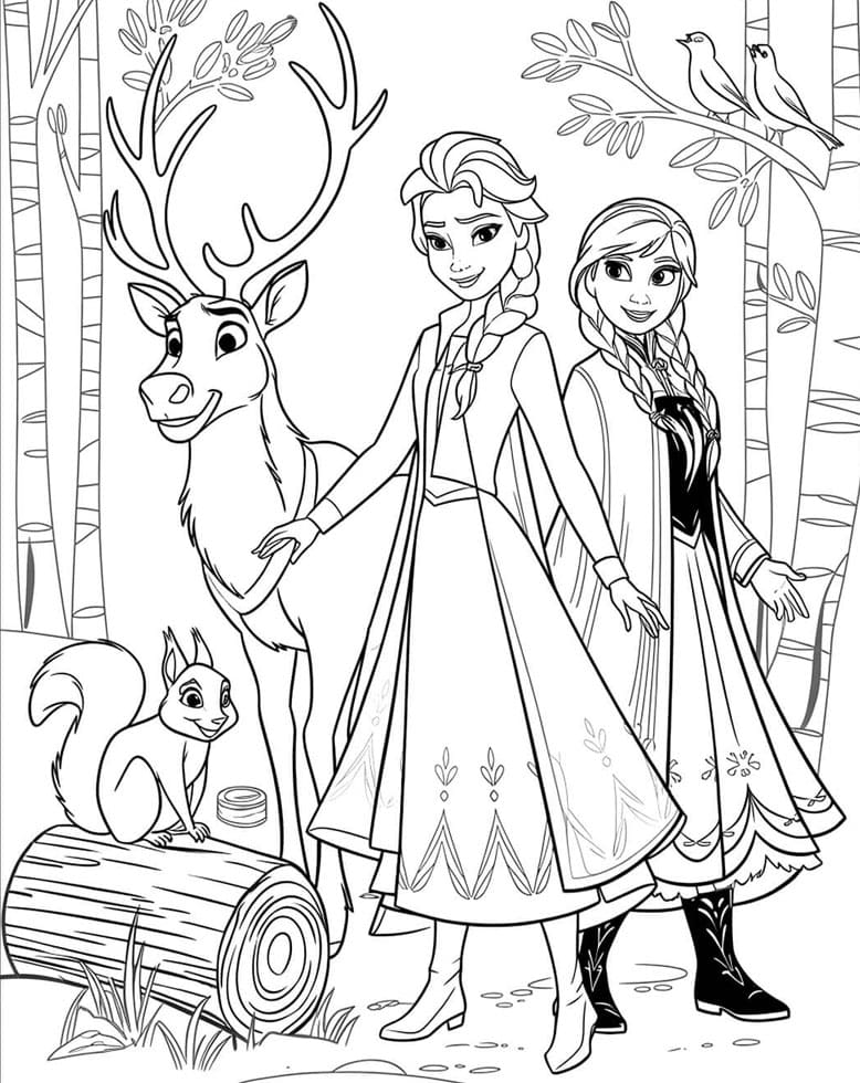 ζωγραφική Η Έλσα και η Άννα με τα ζώα