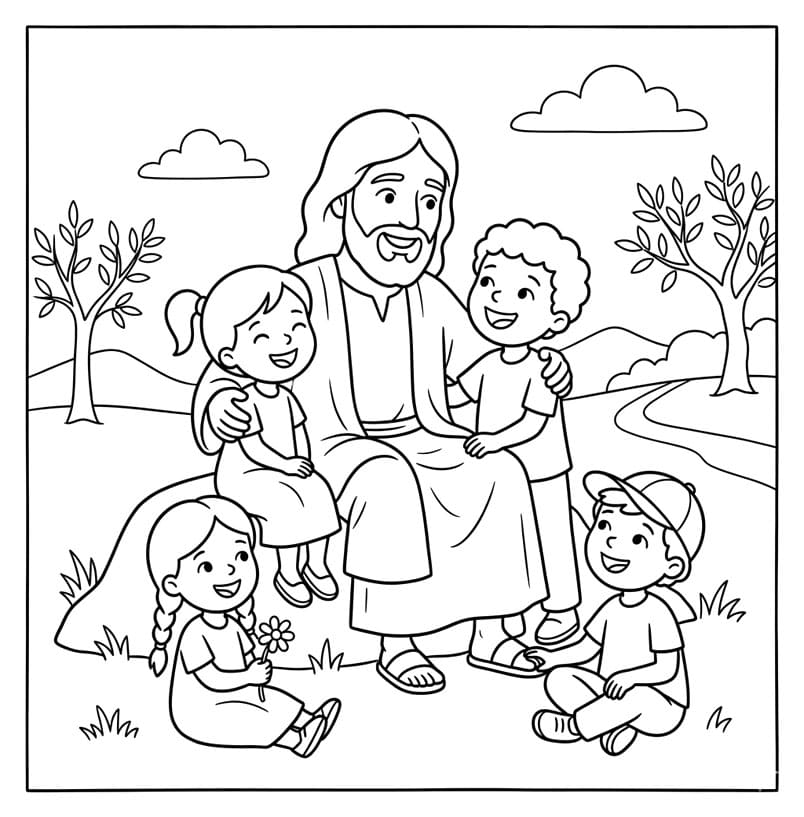 ζωγραφική Ο Ιησούς χαρούμενος με τα παιδιά