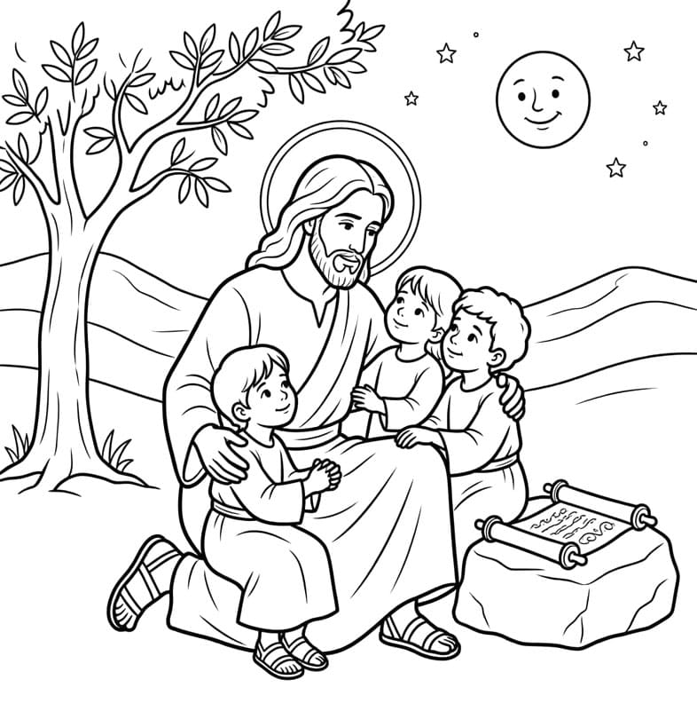 ζωγραφική Ο Ιησούς με τρία παιδιά