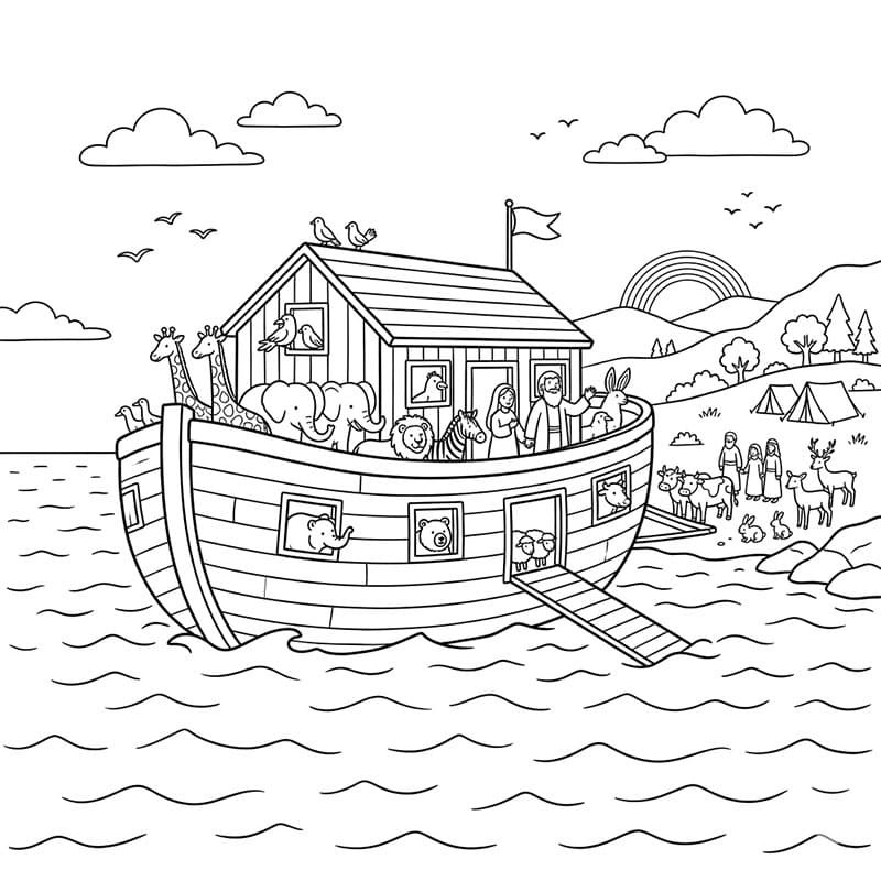 ζωγραφική Το ταξίδι της Κιβωτού του Νώε μέσα στα νερά